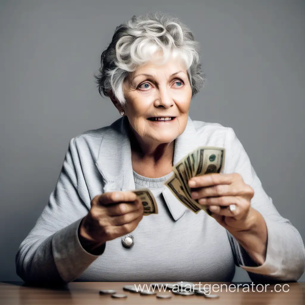 70 year old, white grandmother, grey  short hair, counting dollars in her hand