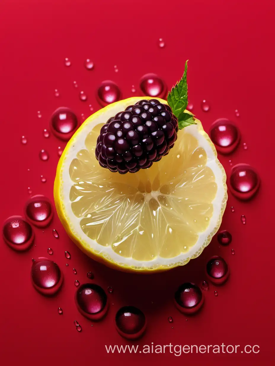 Boysenberry-Lemon-Slices-Water-Drop-on-Vibrant-Red-Background