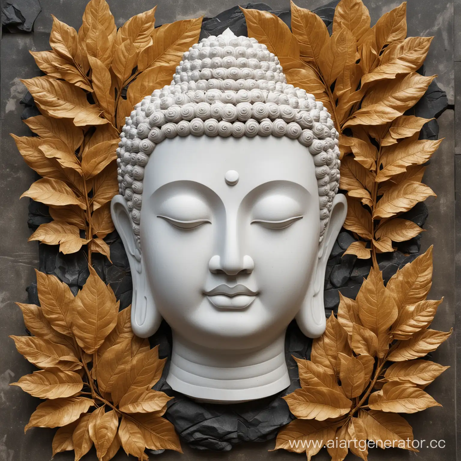 white basrelief sculpture of head Buddha from black stone in golden huge leaves