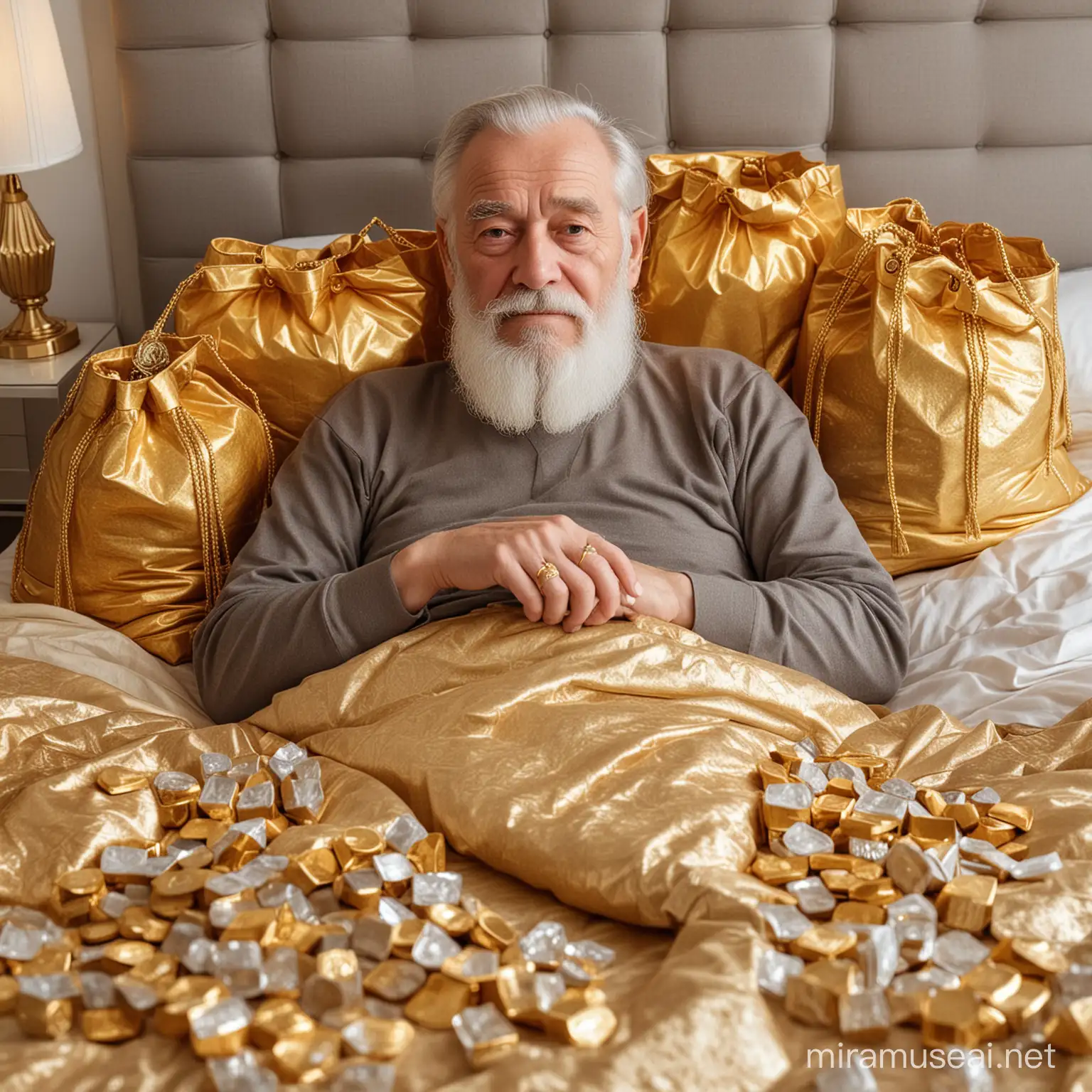 Wealthy Crypto King Resting Surrounded by Gold in Opulent CrystalAdorned Apartment