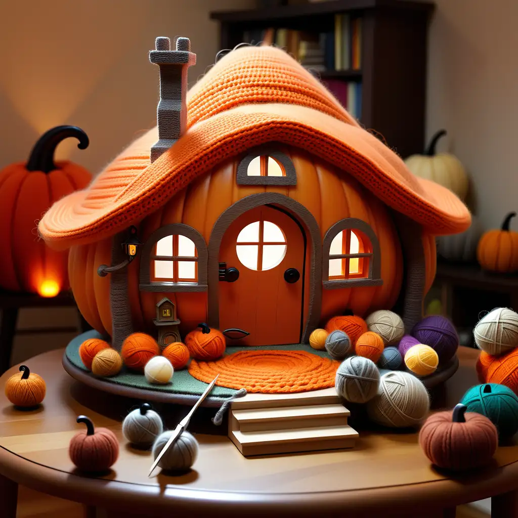 Işıklı bir odada, masanın üzerinde, balkabağı görünümünde, etrafında ip yumakları olan ve tığ bulunan, turuncu renkli, büyüleyici minyatür bir hobbit evi yap