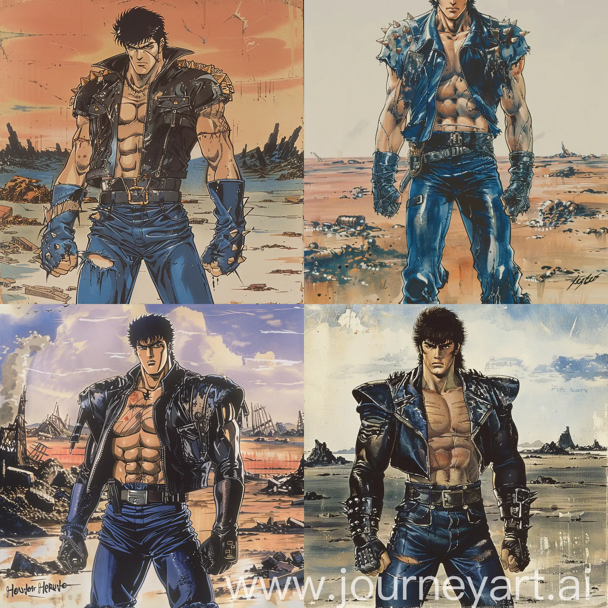  80s anime still, full resolution 4k, Kenshiro (Hokuto No Ken) Fist of the North Star (muscular, with leather pants and a leather jacket also, both in blue-black, with metal shoulder pads and worn leather) (also with his characteristic scars that form the 7 stars of the Hokuto) In the background, a desolate apocalyptic world, illustrator by Tetsuo Hara. 