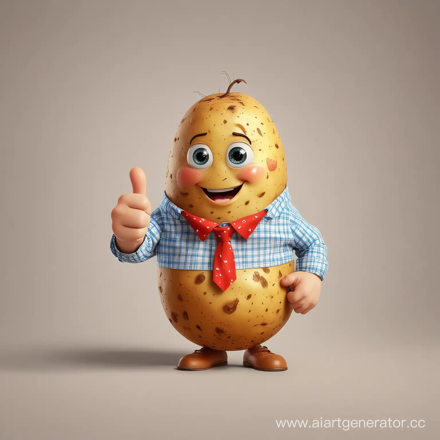 Картошка в рубашке косоворотке улыбается и 
показывает палец вверх