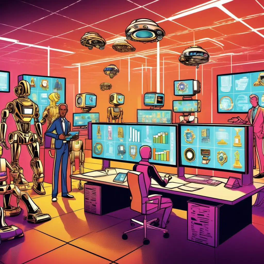 Vibrant Futuristic Sales War Room with Playful Technology and Quirky Innovation