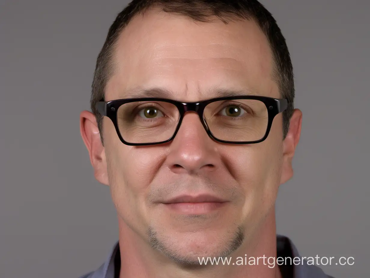 Hombre de 40 años, piel blanca, con pelo muy corto, ojos avellana, con gafas y mentón partido