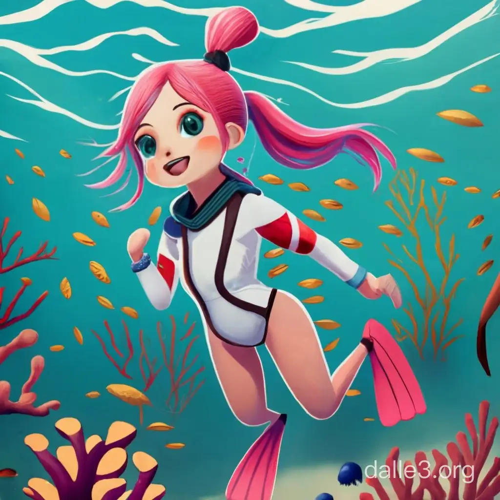 Underwater Exploration PinkHaired Villager in RedStriped Wetsuit