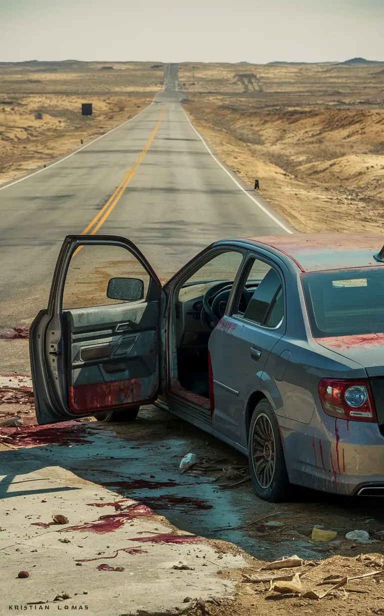 post-apocalypse, focus on a texas desert road, with rusty abandonned 2013 grey sedan on the side of the road with driver door open and with dried blood on, using Kristian Llamas style, no texte