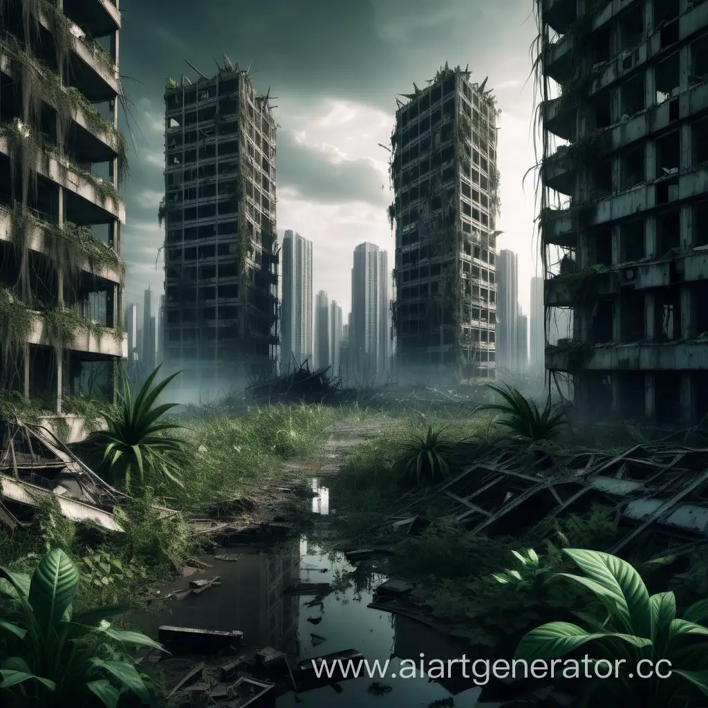 разрушенный город с многоэтажками и растительностью небольшой между домов которого ели пробивается свет , постапокалипсис