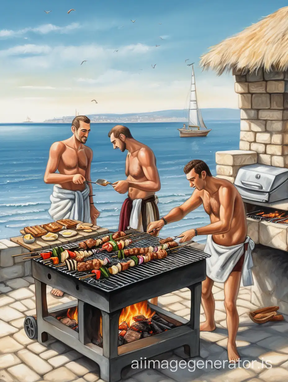 Men by the sea near the bathhouse are grilling shish kebabs