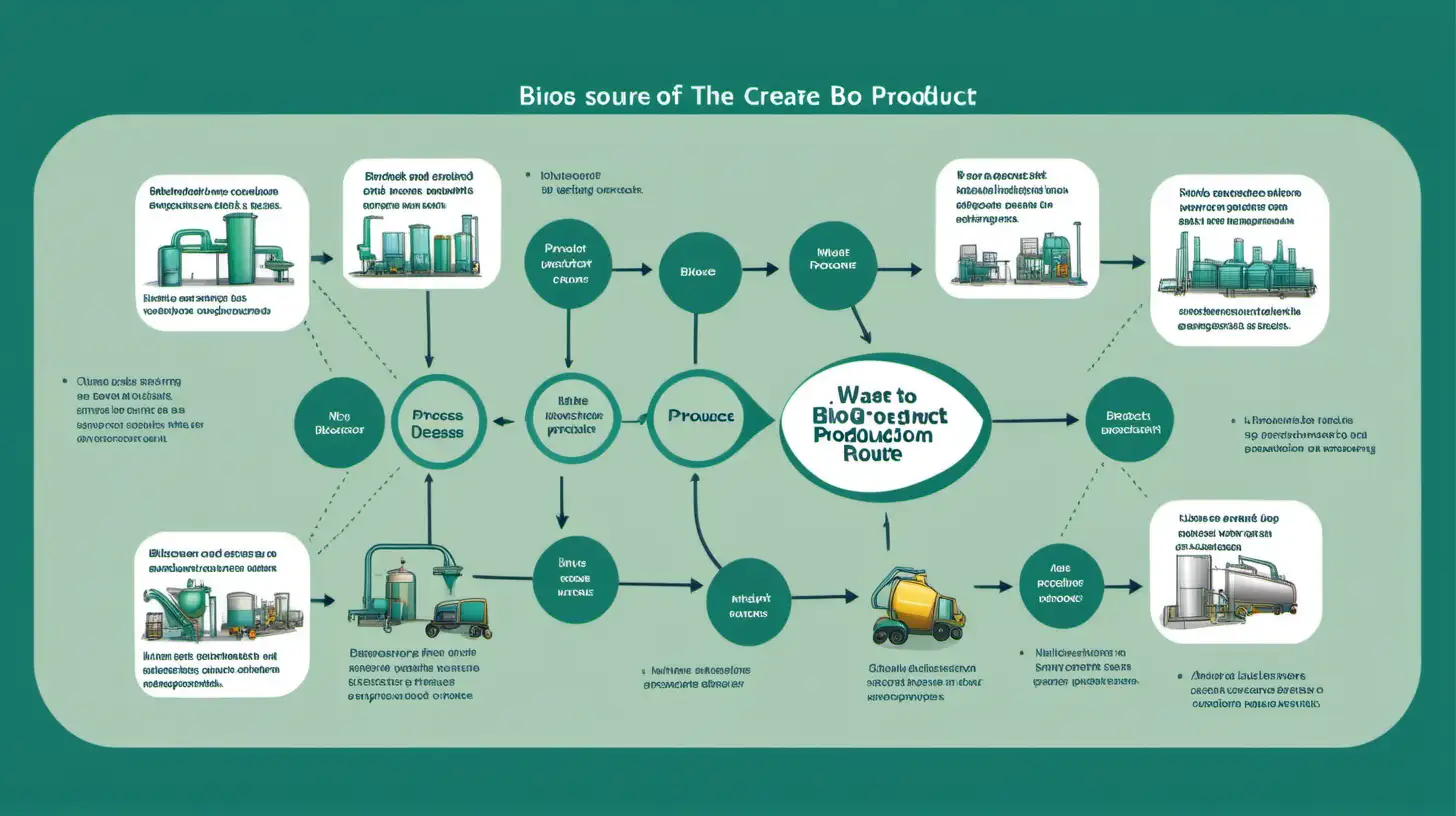 Create a diagram of the process of using a bioresoure to create a bioproduct. Include the product design, production line, waste disposal and expected route to market --NO TEXT.