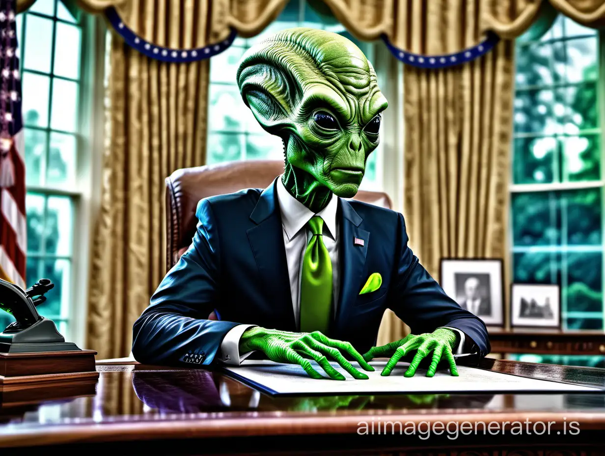 Masterpiece, best quality, green alien as president of the United States, in the oval office of the White House, digital art, beautiful drawing, highly detailed, concept art, sharp focus, ultra-realistic illustration