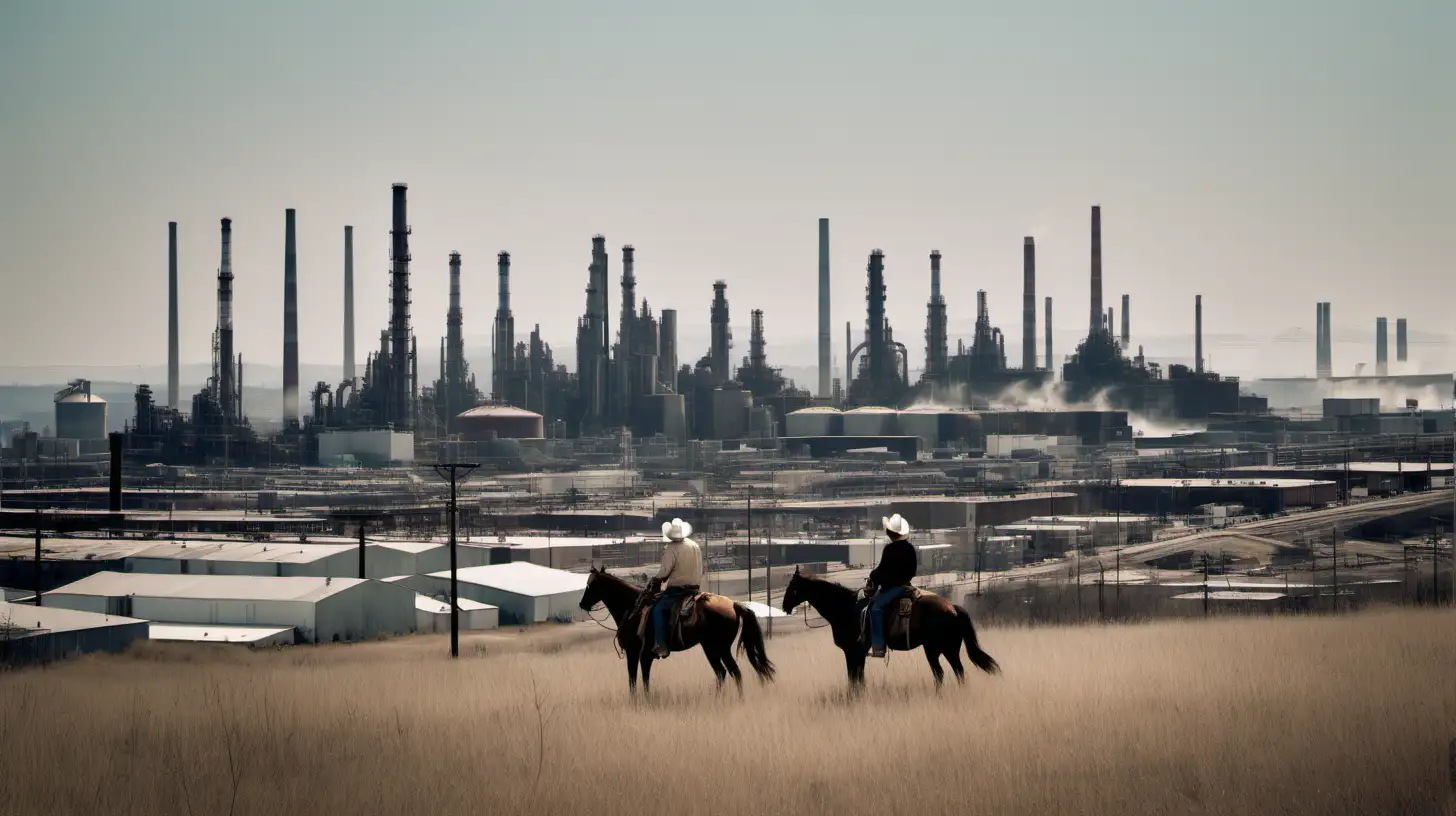 Lone Cowboys on Hill Overlooking Vast Industrial Refinery Complex