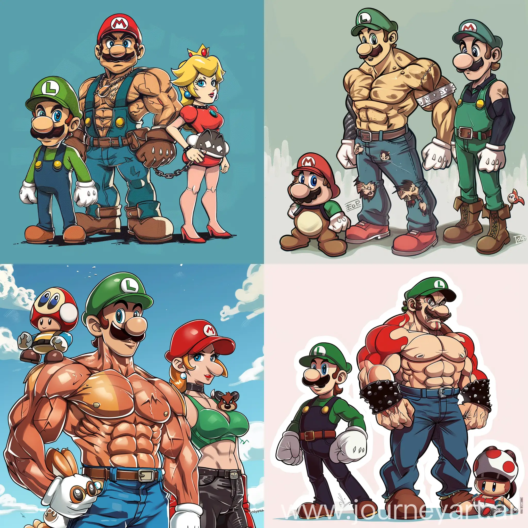 Mario as a muscle daddy, Luigi as a muscle pup,
Peach as a leather man and Toad as an Omega Pup