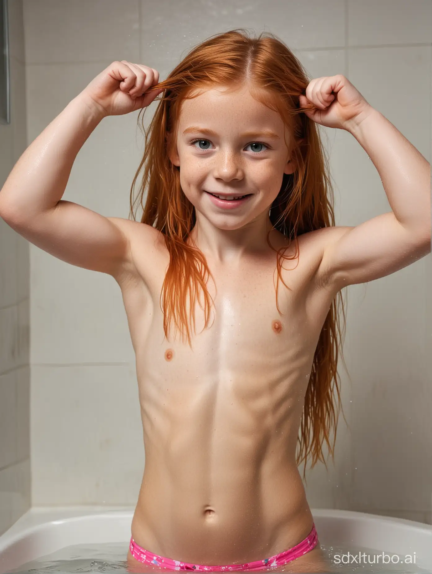 7 years old girl, long ginger hair, showing her very muscular abs, bathing