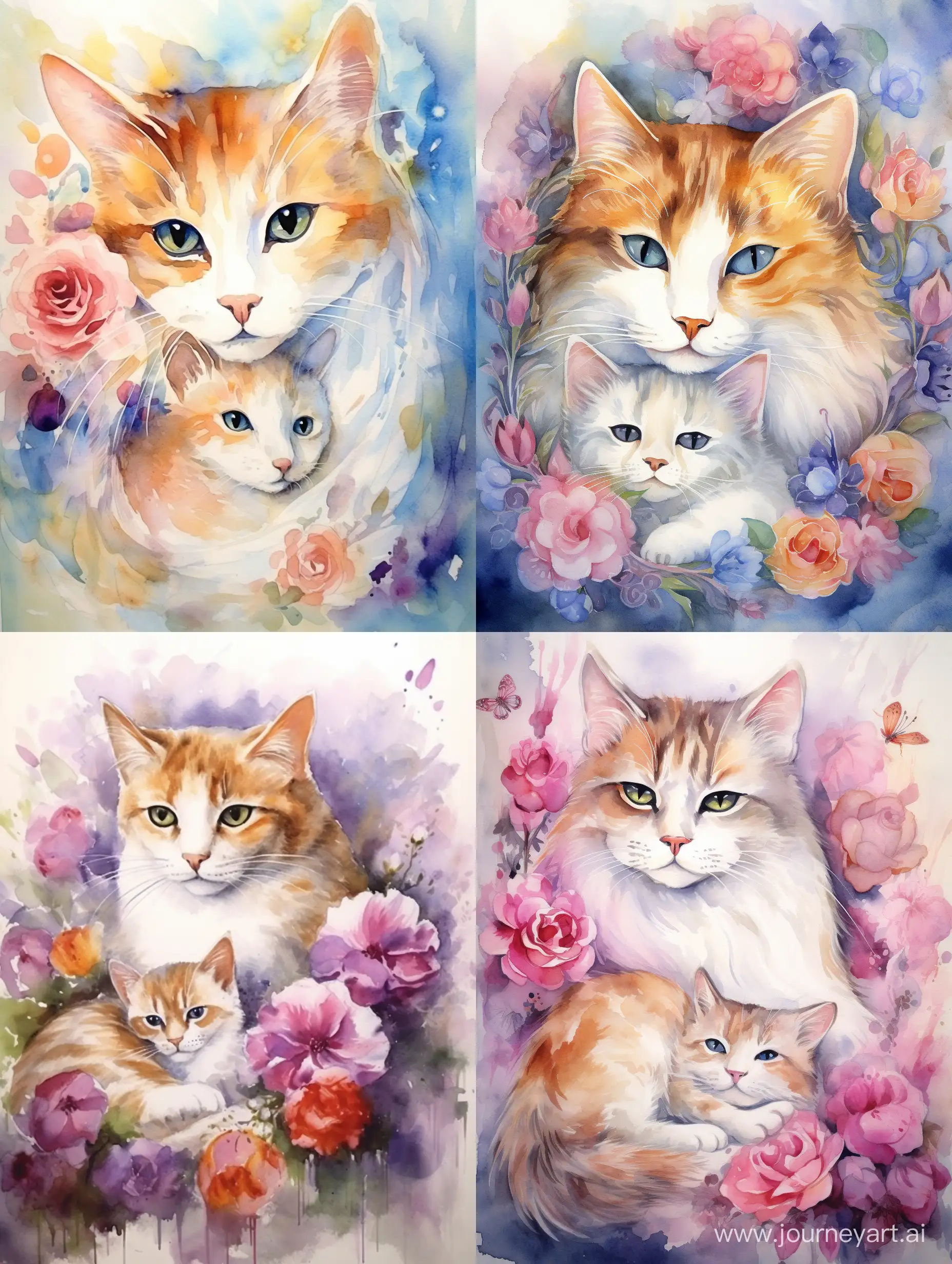 Tender-Mother-Cat-Embracing-Her-Kitten-in-Enchanting-Watercolor-Fairy-Tale-Scene