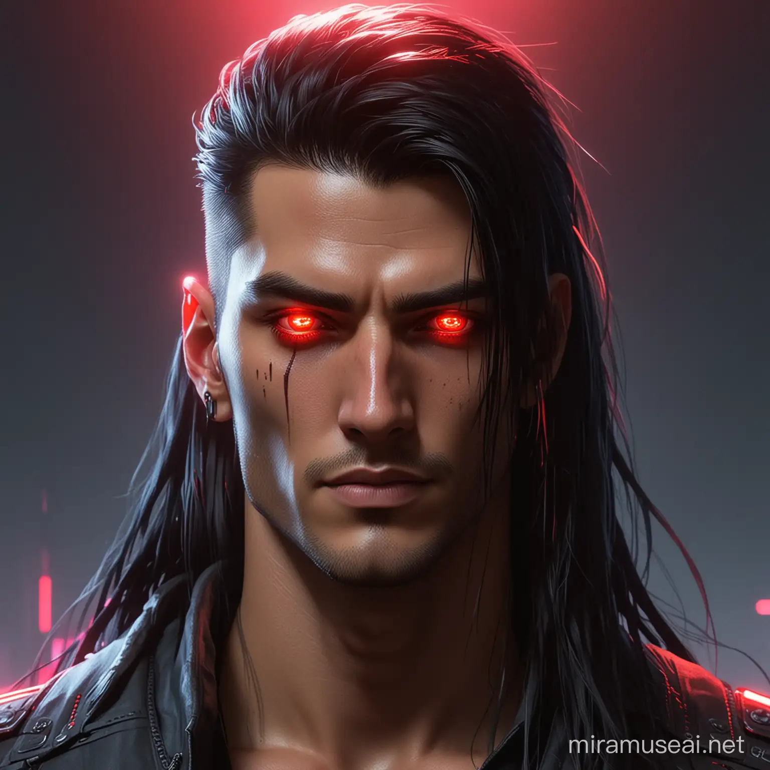 cyberpunk, realistic, handsome tall man with long black hair, left eye with neon red glow, imposing countenance