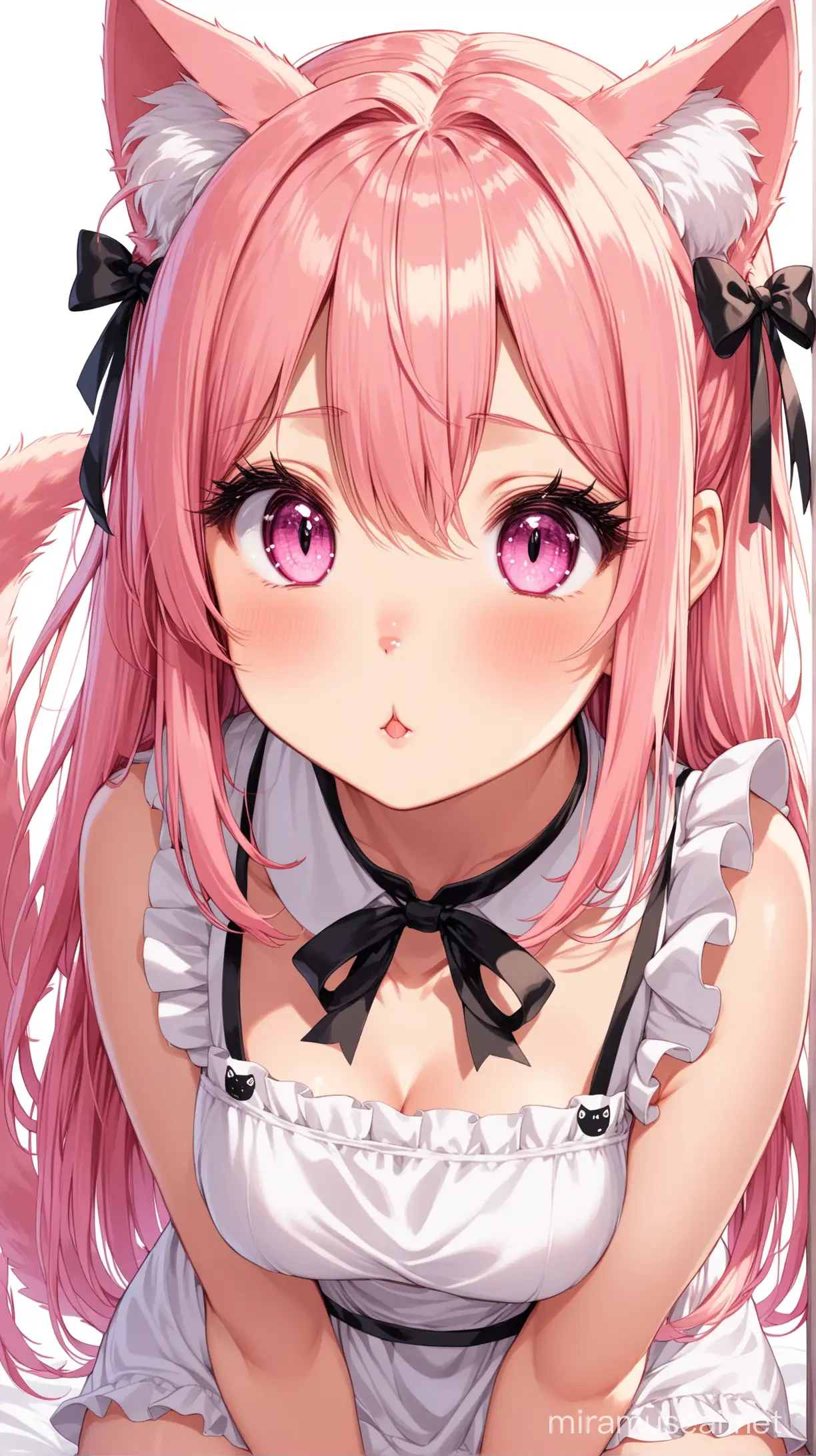 ((Inui Sajuna)), 1girl, High-quality anime illustration of cute cat girl, ((pink fluffy cat ears)), ((pink long and fluffy cat tail)), ((tail up)), ((light peach pink hair)), straight long hair down, ((two side up)), black hair ribbons, hair between eyes, ((pink eyes:1.3)), wearing a pink maid uniform, detached short sleeves, tiny cat-shaped neck bell, choker, ultra detailed hair, high detailed eyes, 16k, hd, high resolution, best quality, cute, (looking at viewer), petite bodym(single), white background, ((stoic expression)), upper body, ((masterpiece)), perfect, ((large cat-shaped eyes)), ((long and thick lashes)), lower lash, ((slit pupils:0.9)), bright pupils, white thigh high stockings, nyandere, from above, POV, light erotic, wrist cuffs, sitting, thighs, wariza, POV headpat, flustered, embarrassed, kawaii, cute design, ((viewer is petting her head)), hand