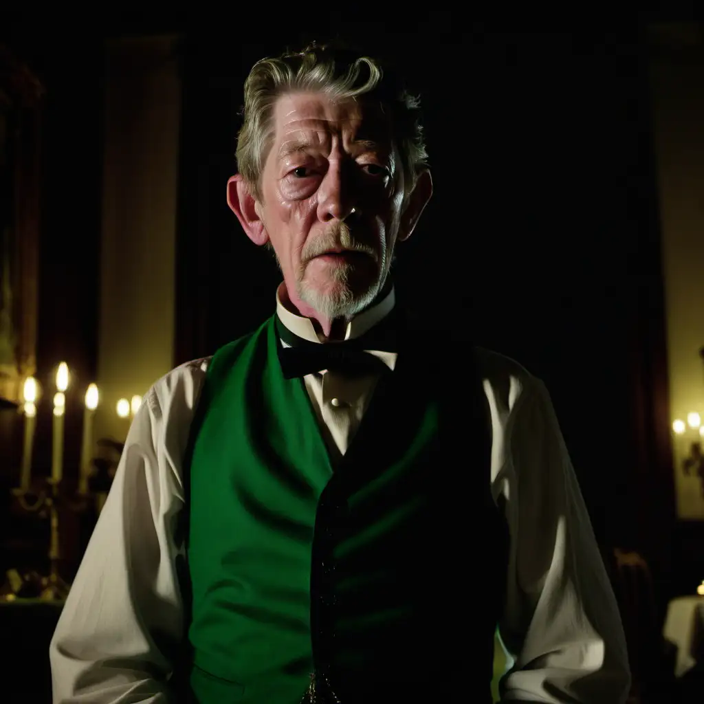 British Actor John Hurt as Reverend Green waistcoat in dark dimly lit dining room of large manor house at night