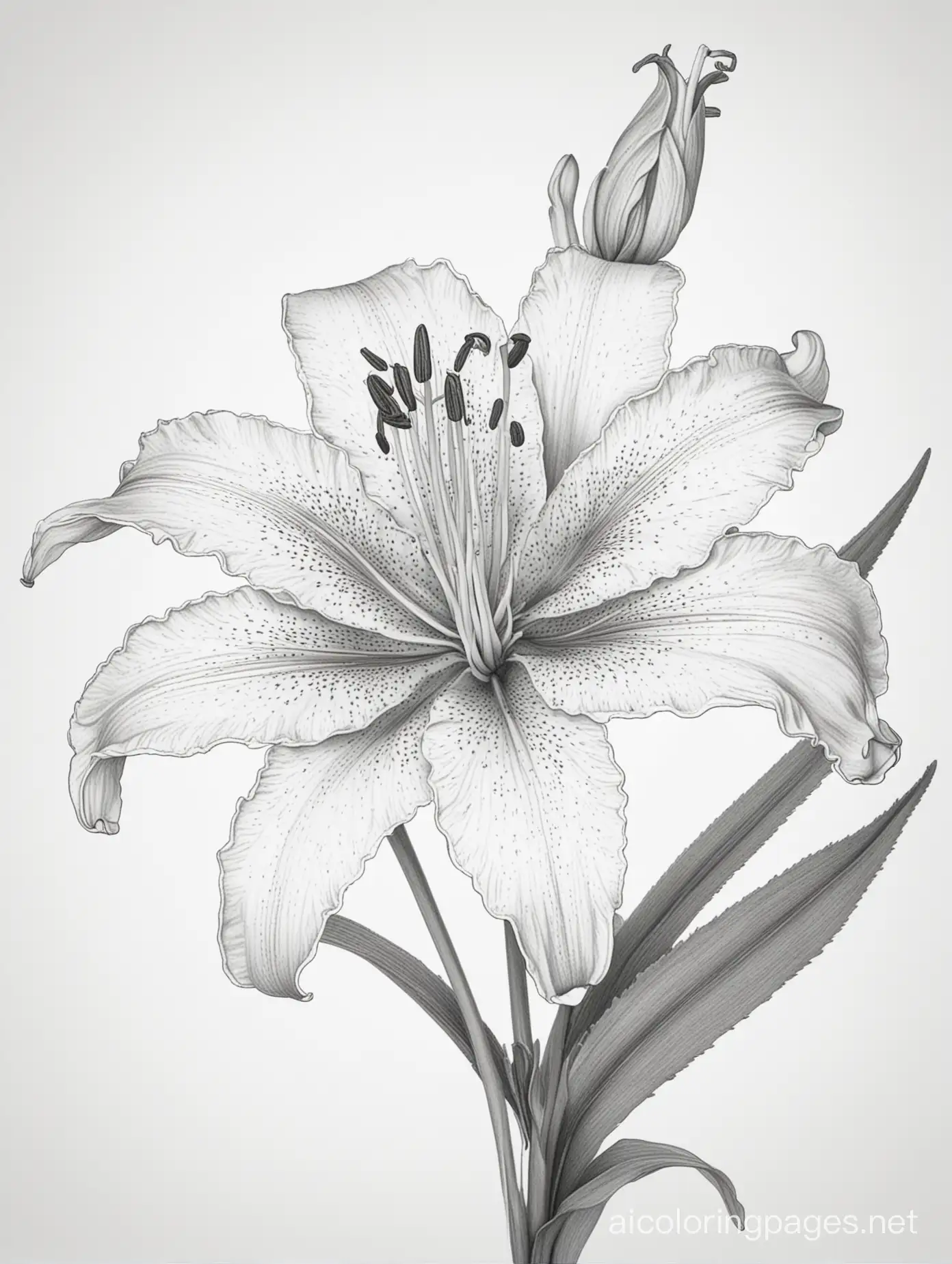 Black and white Coloring page of a Tiger Lily, clean lines, line art, plenty of white space, white background, balanced composition, Coloring Page, black and white, line art, white background, Simplicity, Ample White Space. The background of the coloring page is plain white to make it easy for young children to color within the lines. The outlines of all the subjects are easy to distinguish, making it simple for kids to color without too much difficulty