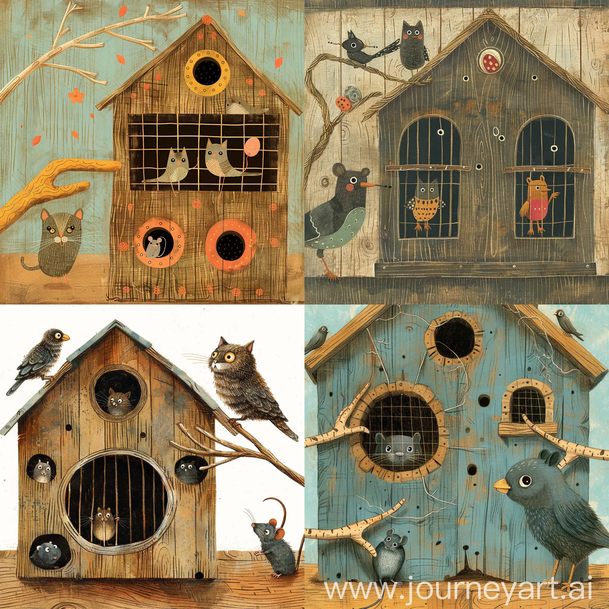 Vintage wooden house shaped birdcage with twig hands, windows and holes、Two birds peeking out from the holes, outside ((small mouse), big cat standing. Twig hand pointing to mouse (focus), simple image pattern、Hand drawn, Easter colors, abstract, cheerful, whimsical, funny, children's storybook style