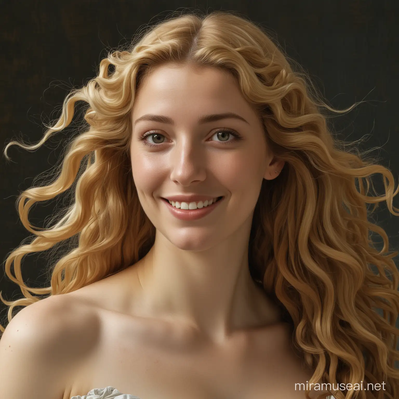 version of Botticelli's Venus, showing a smiling white woman with long dark hair and dark eyes