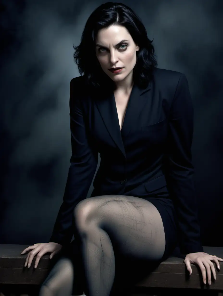 Antje Traue, vampire, businesswoman, black hair, curvy, [Highly Detailed] dark comic art style, close-up, innocent, bare feet, pantyhose, smirk