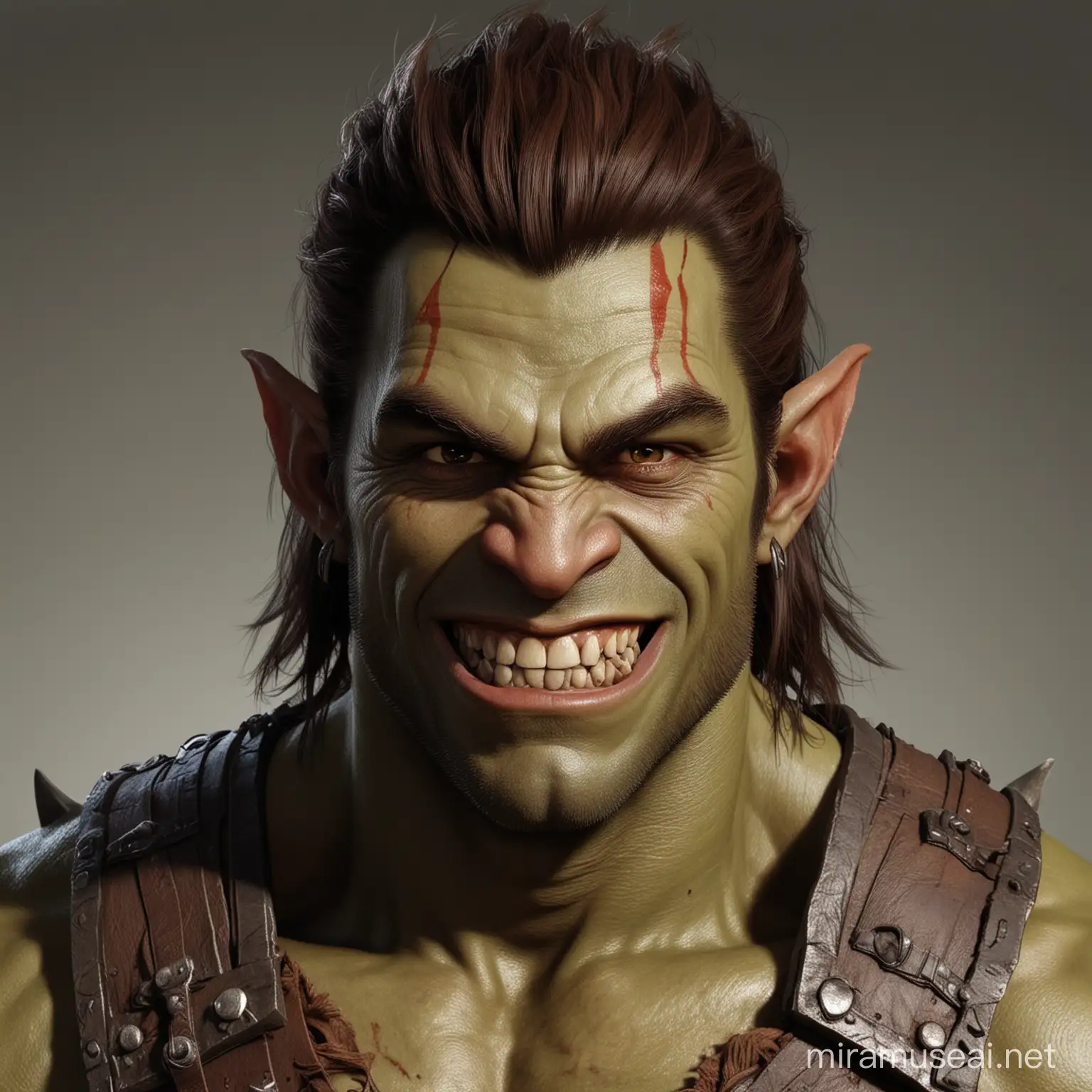 half orc missing tusk or tooth
fury type haircut redish brown hair
male
smiling
bigger tusks
give me more orc!
just finished a hard fight and is delighted