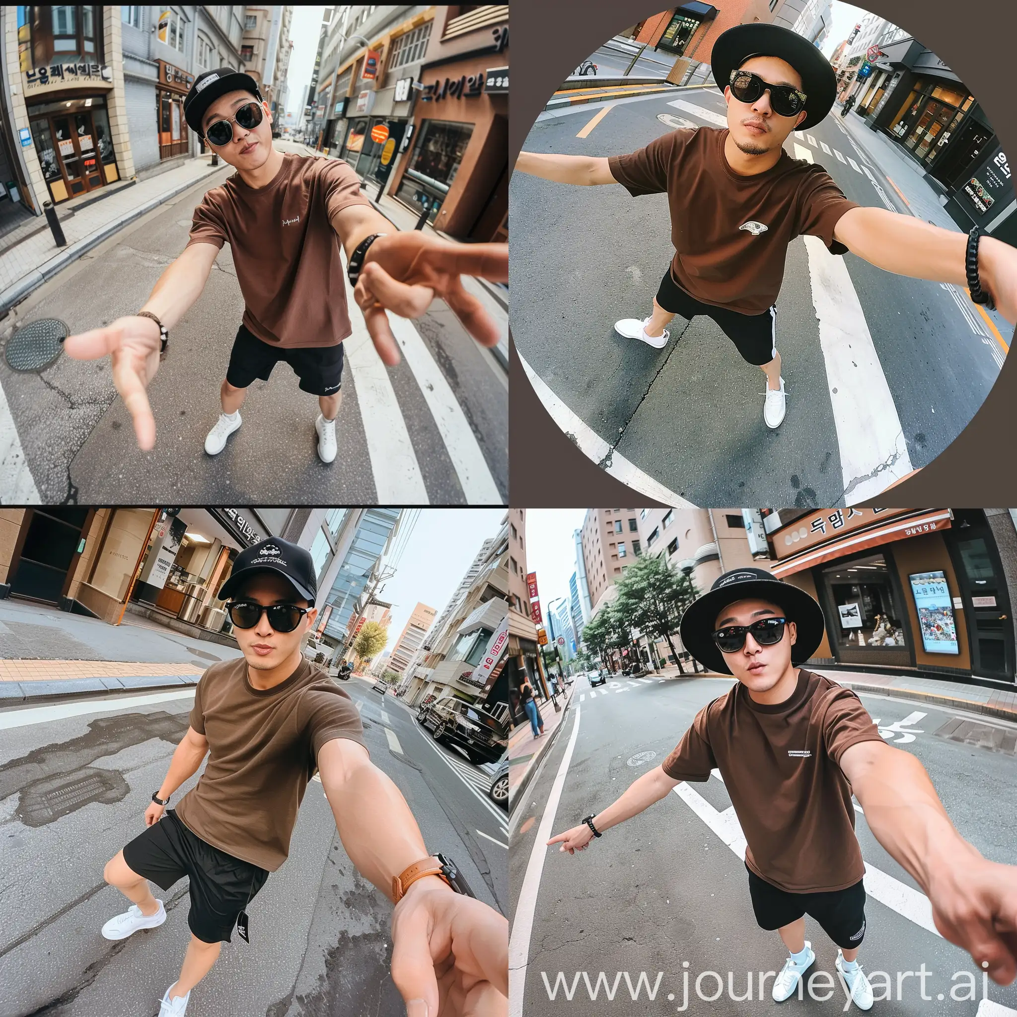 A 35-year-old handsome Korean man wearing a black hat, black sunglasses, brown t-shirt, black shorts, and white shoes is taking a selfie on the street, enhancing the fish-eye view for a clearer and more realistic HD picture.