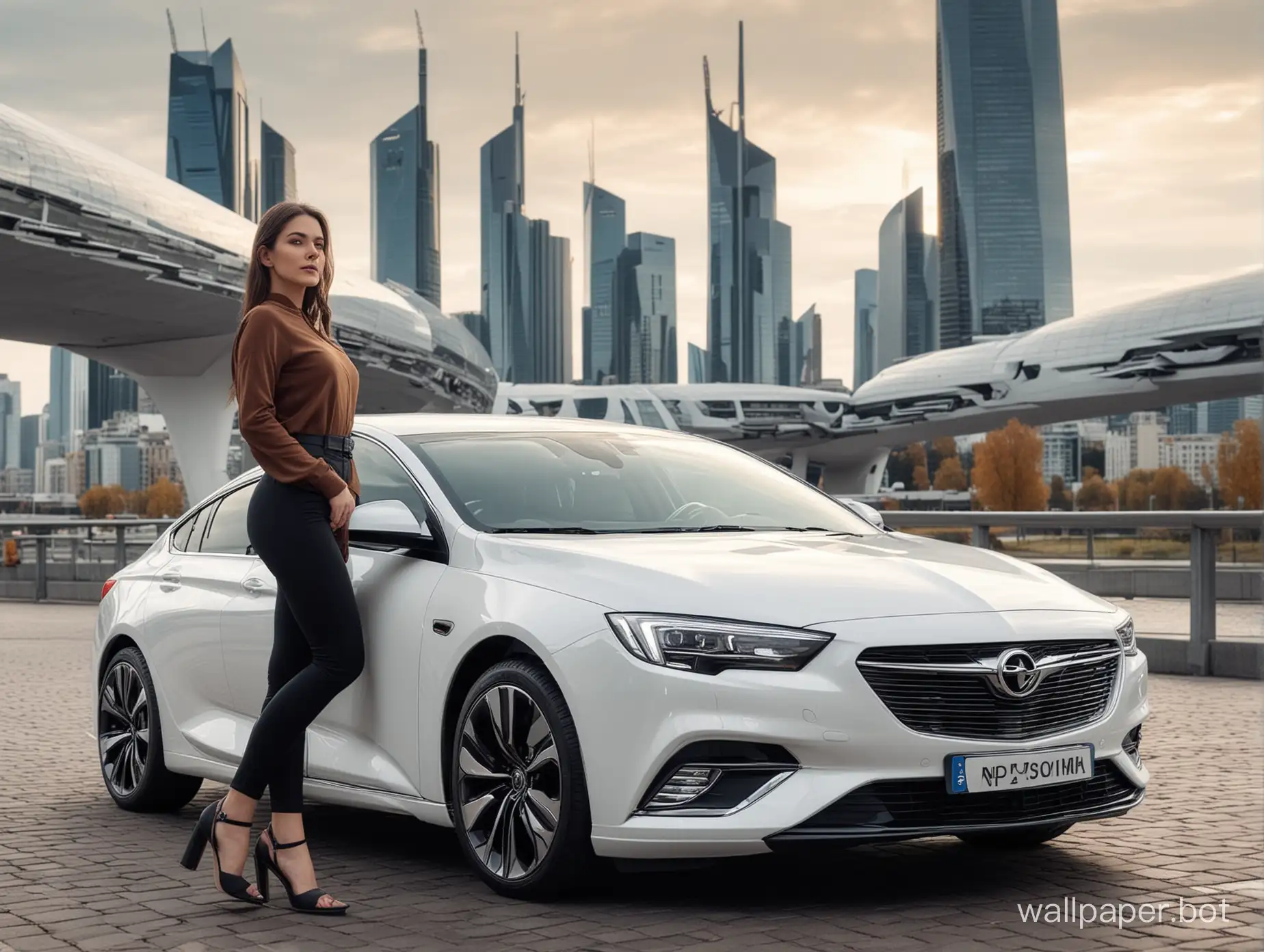 Opel insignia grand sport car with a brunette girl standing near with futuristic city background