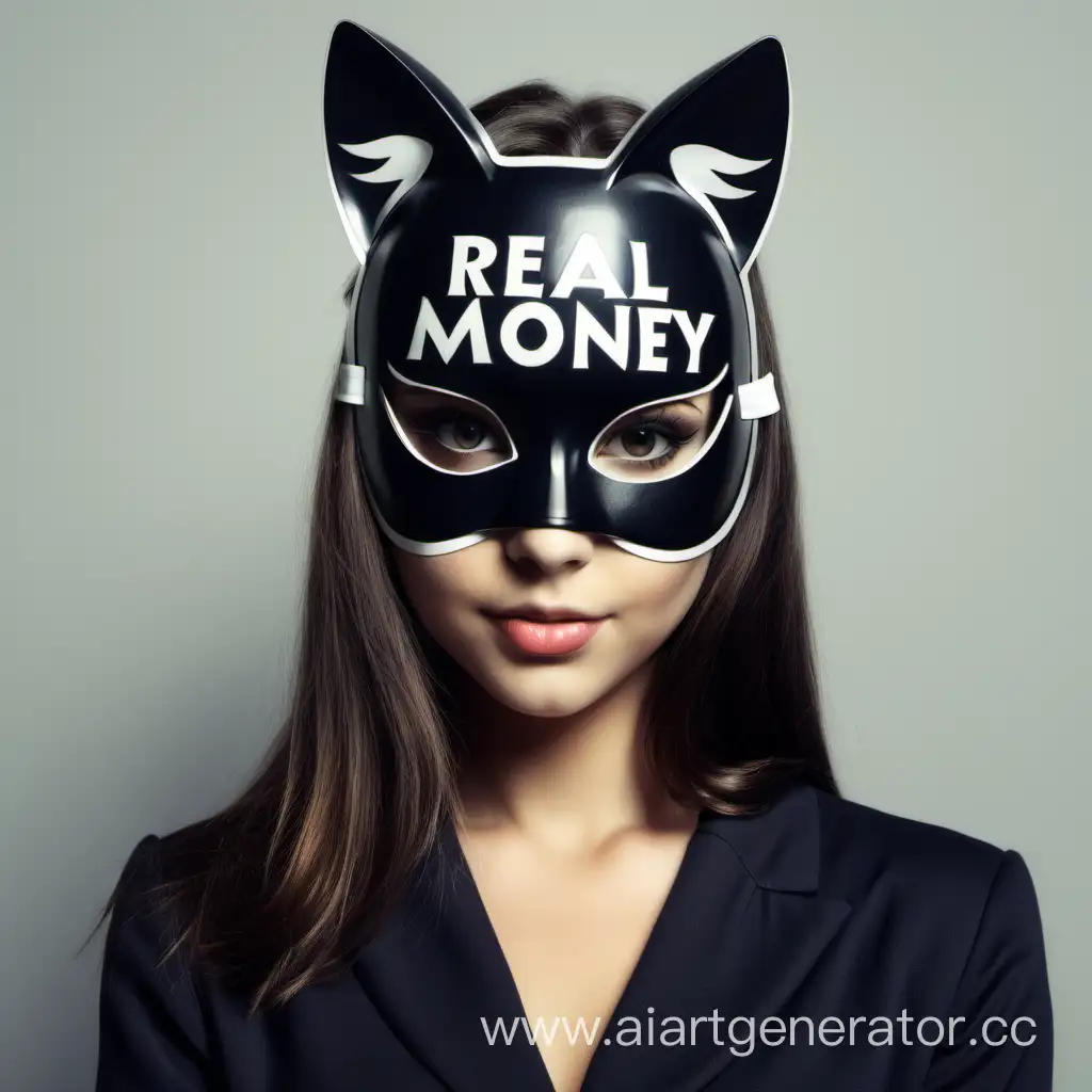 The brunette girl in a cat mask with the inscription 'real money'