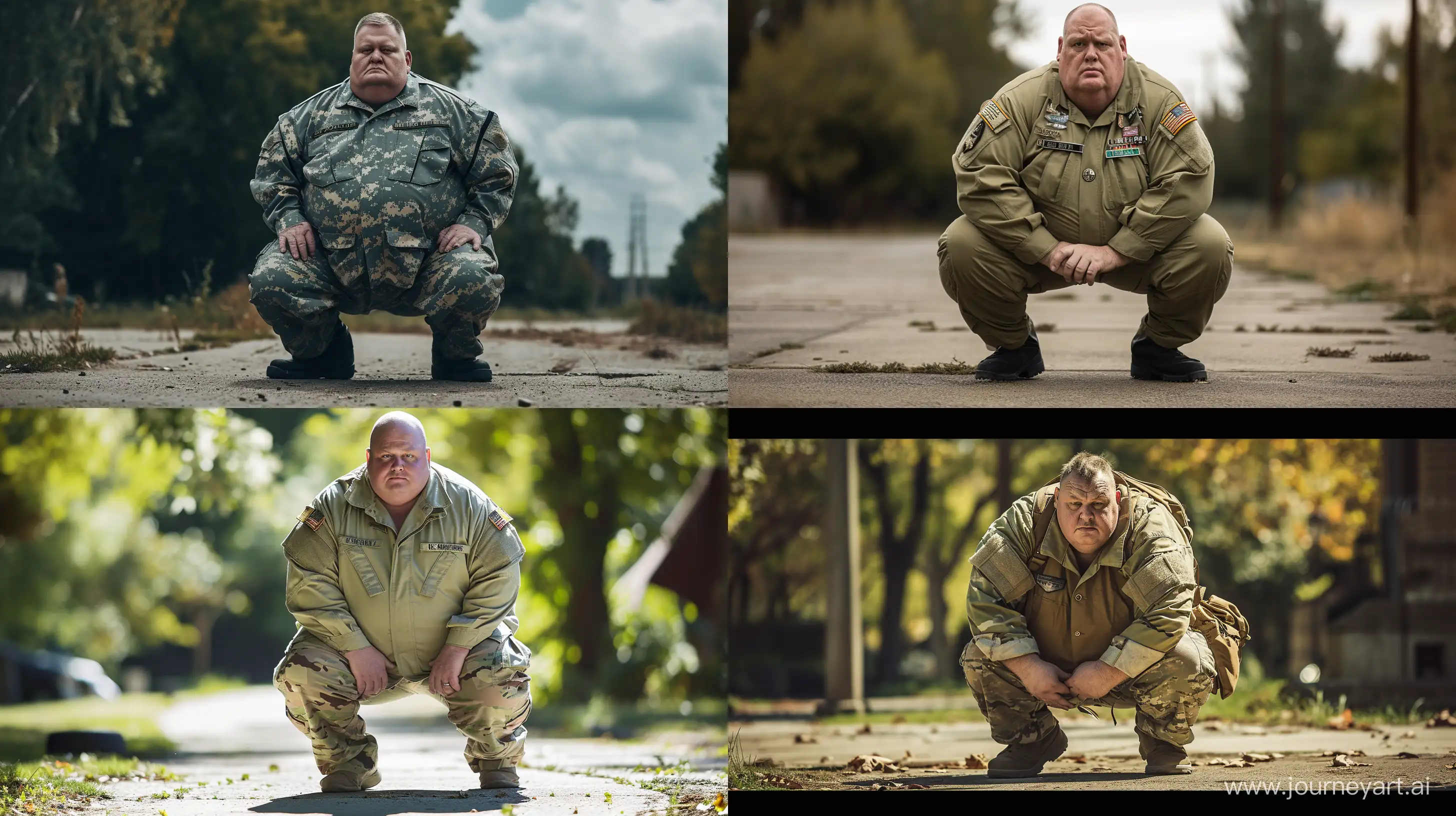 Front view photo of an obese man aged 70. Wearing a US military uniform. He is kneeling. Outside. --style raw --ar 16:9 --v 6