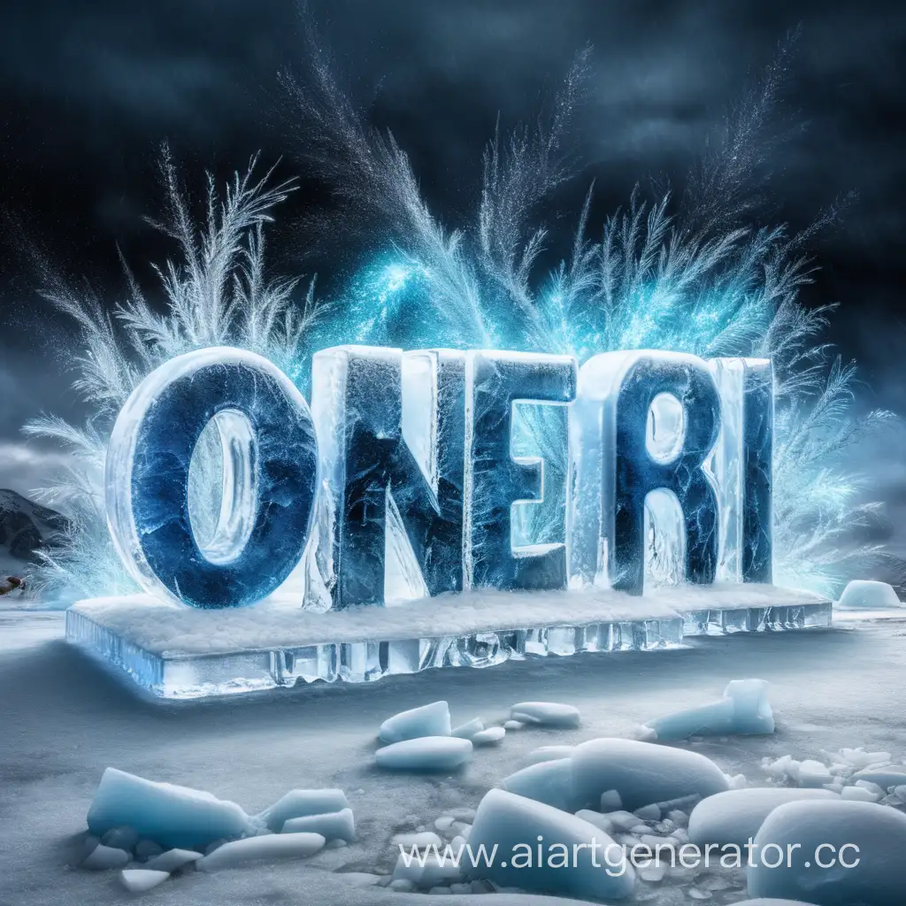 the inscription "Oneri" made of ice, storm background, blue sparks flying around