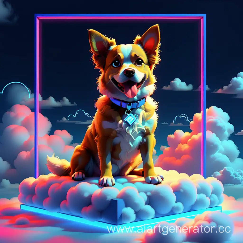  собака вконтакте сидит на неоновом квадрате на облаке