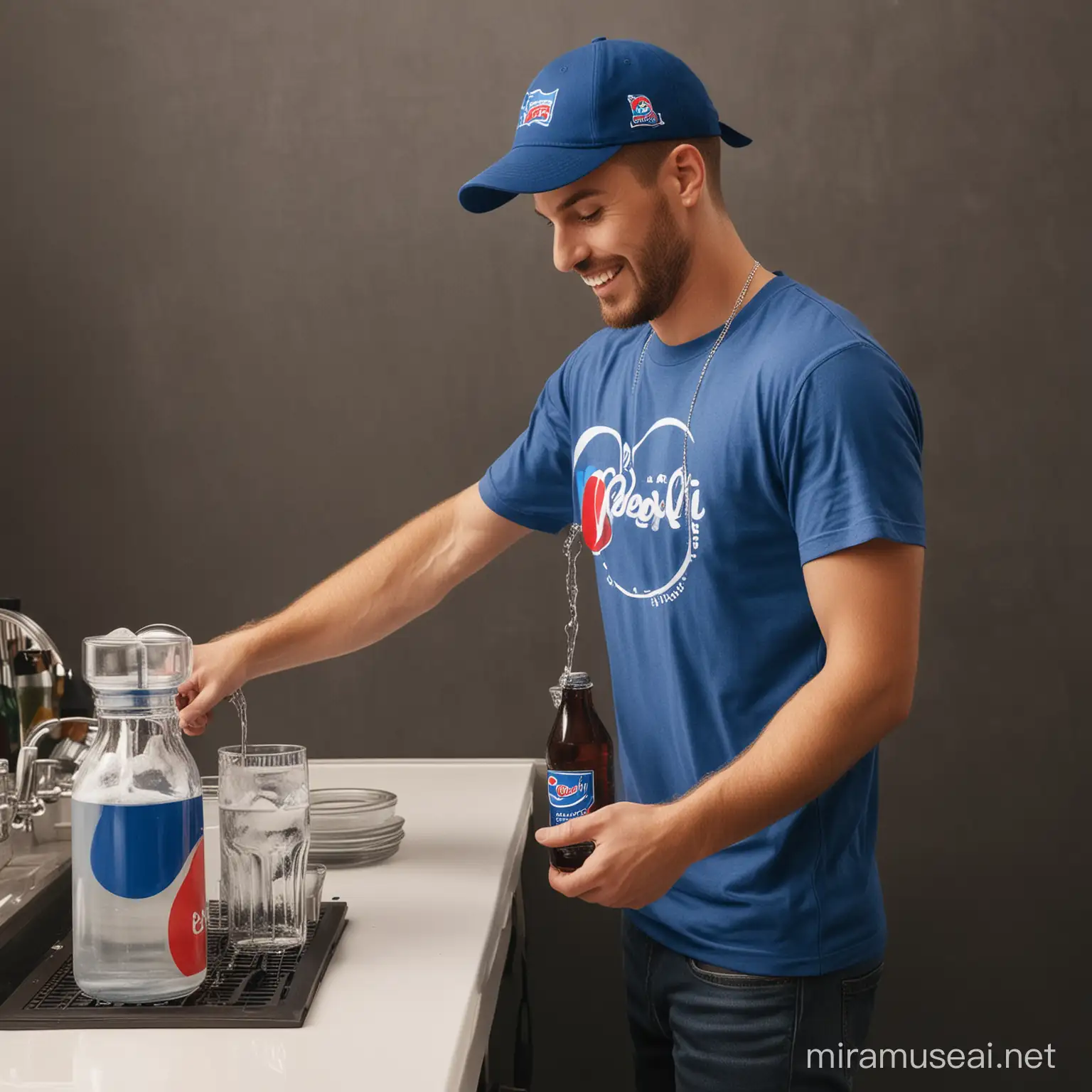 barman wiew from right side with pepsi tshirt and pepsi football hat pouring cola