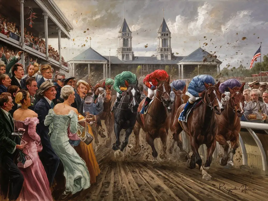 Vibrant-Kentucky-Derby-Scene-with-Elegantly-Dressed-Spectators-and-Intense-Horse-Racing-Action