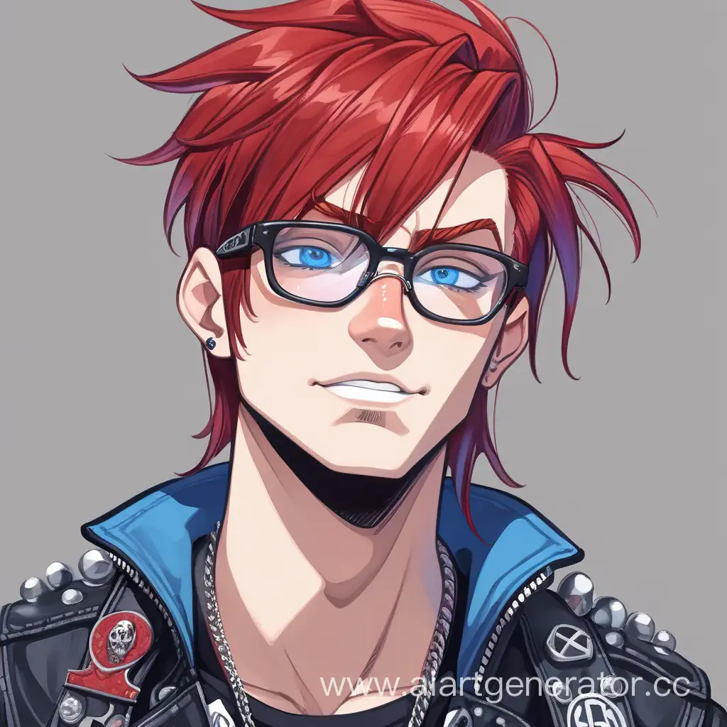 A guy with red straight hair and blue eyes. Wears optical glasses, has punk outfit, has a beautiful smirk on his face.
