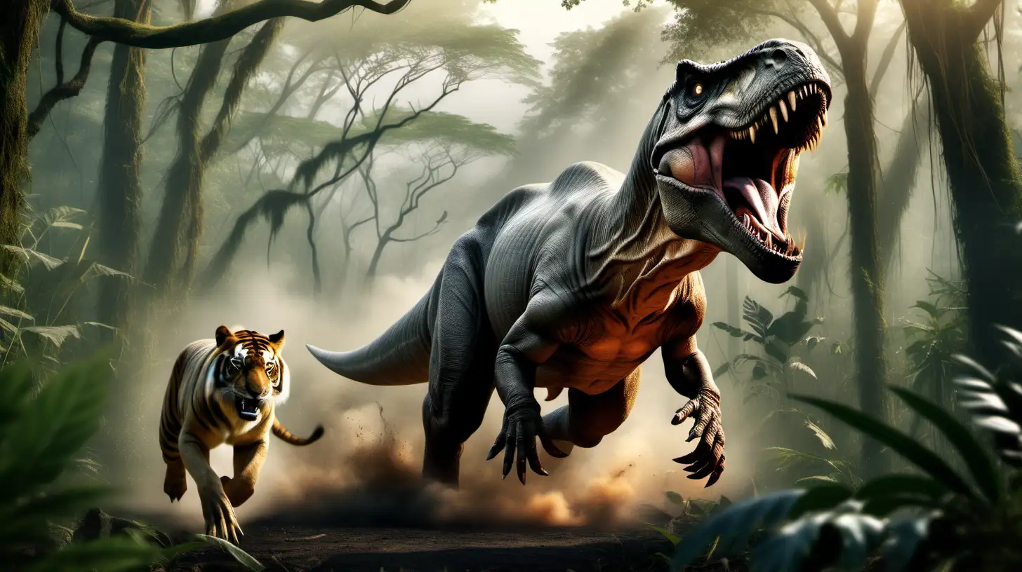 T rex scaring other wild animals like tiger lion elephant bear wild hog wolf in todays world, run away in the jungle establishing its dominance 
