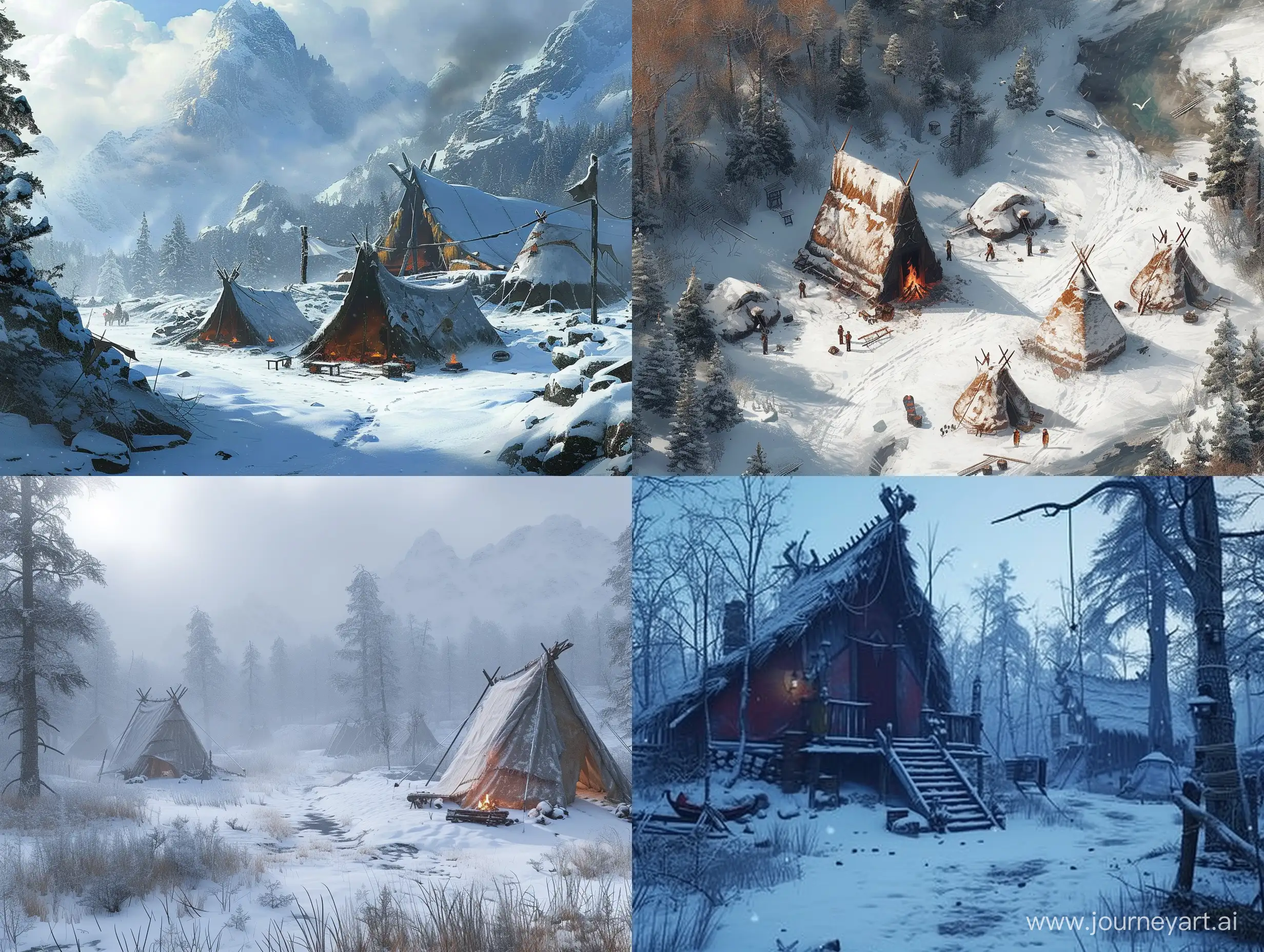 Bandit camp in winter fantasy style