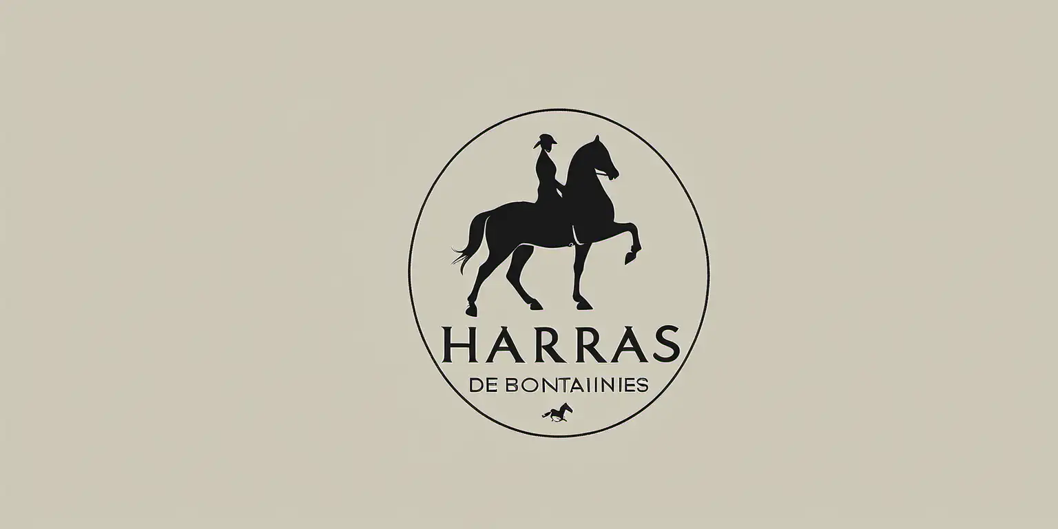 horse of dressage with crinière piontée and head down logo refined for horse ridding center with title "harras des bonnes fontaines" and with letter DBF in a sleek minimalist style