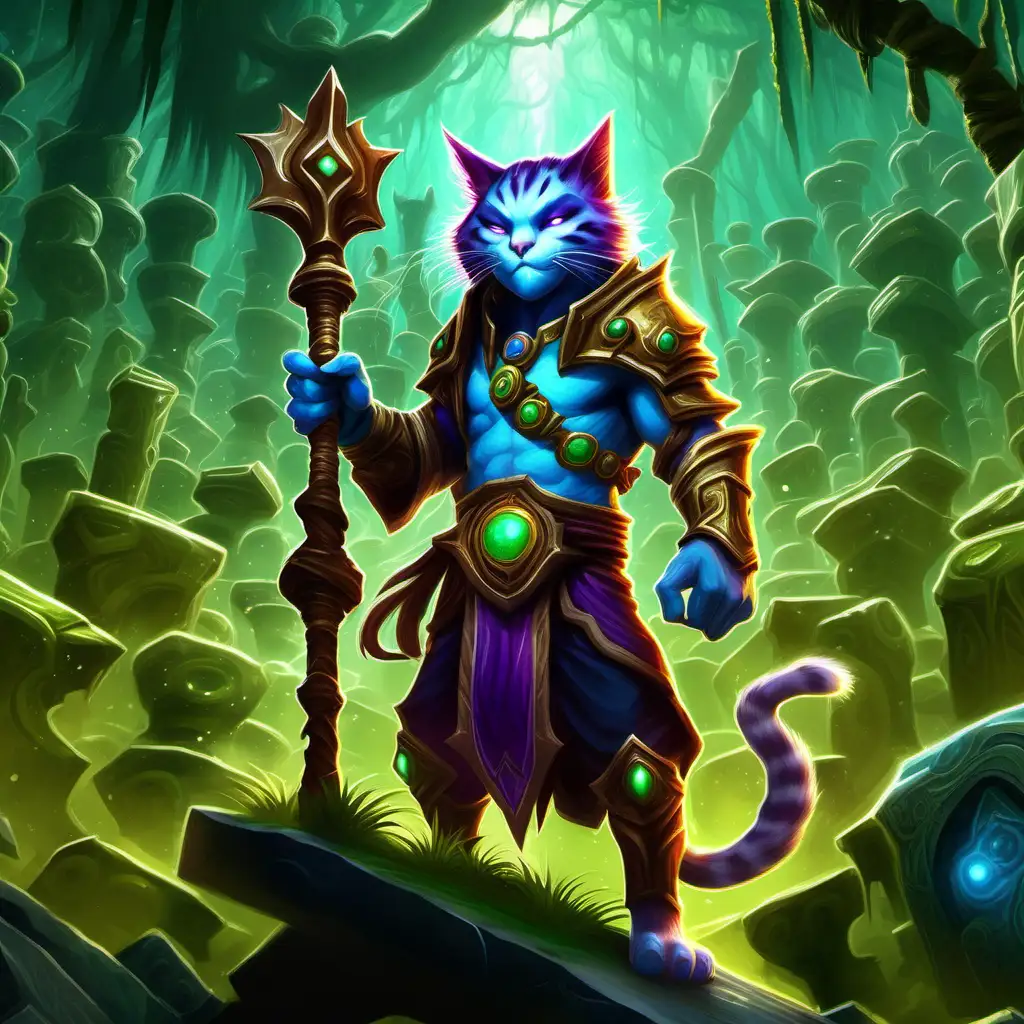 short feline humanoid character holding staff over a slab with tuberous plant and other holistic ingredients, stylized world of warcraft cinematic wow movie style, world of warcraft tcg art, alchemy, enchanting
