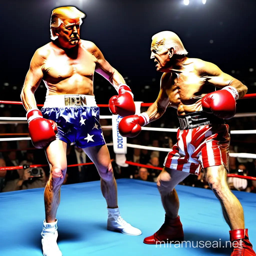 Donald trump vs Joe biden in  a boxing ring heated battle no clothes 
