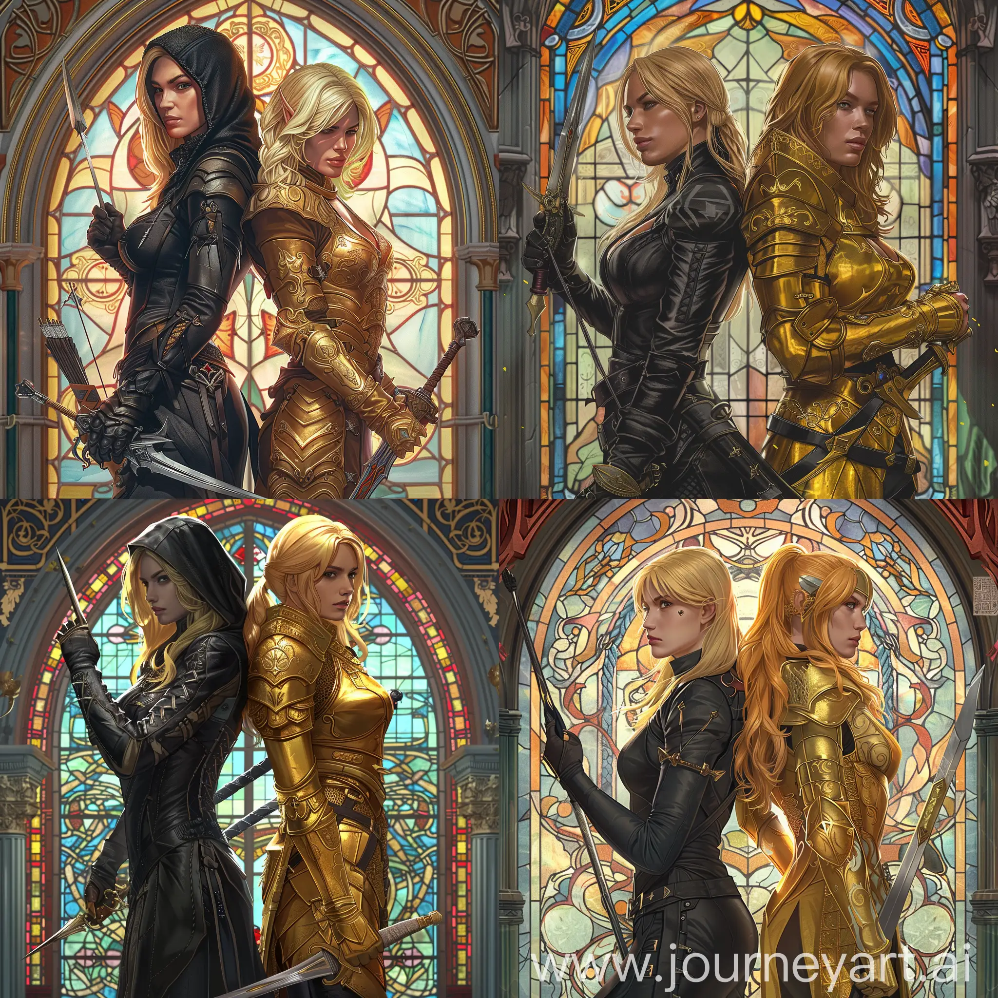 imagine realistic cinmatic image of two woman standing back to back features a beautiful blonde assassin in black Altair dagger in her hand and other women with golden hair in golden armor with a sword in her hand, standing back to back ,two characters of same woman stained glass background