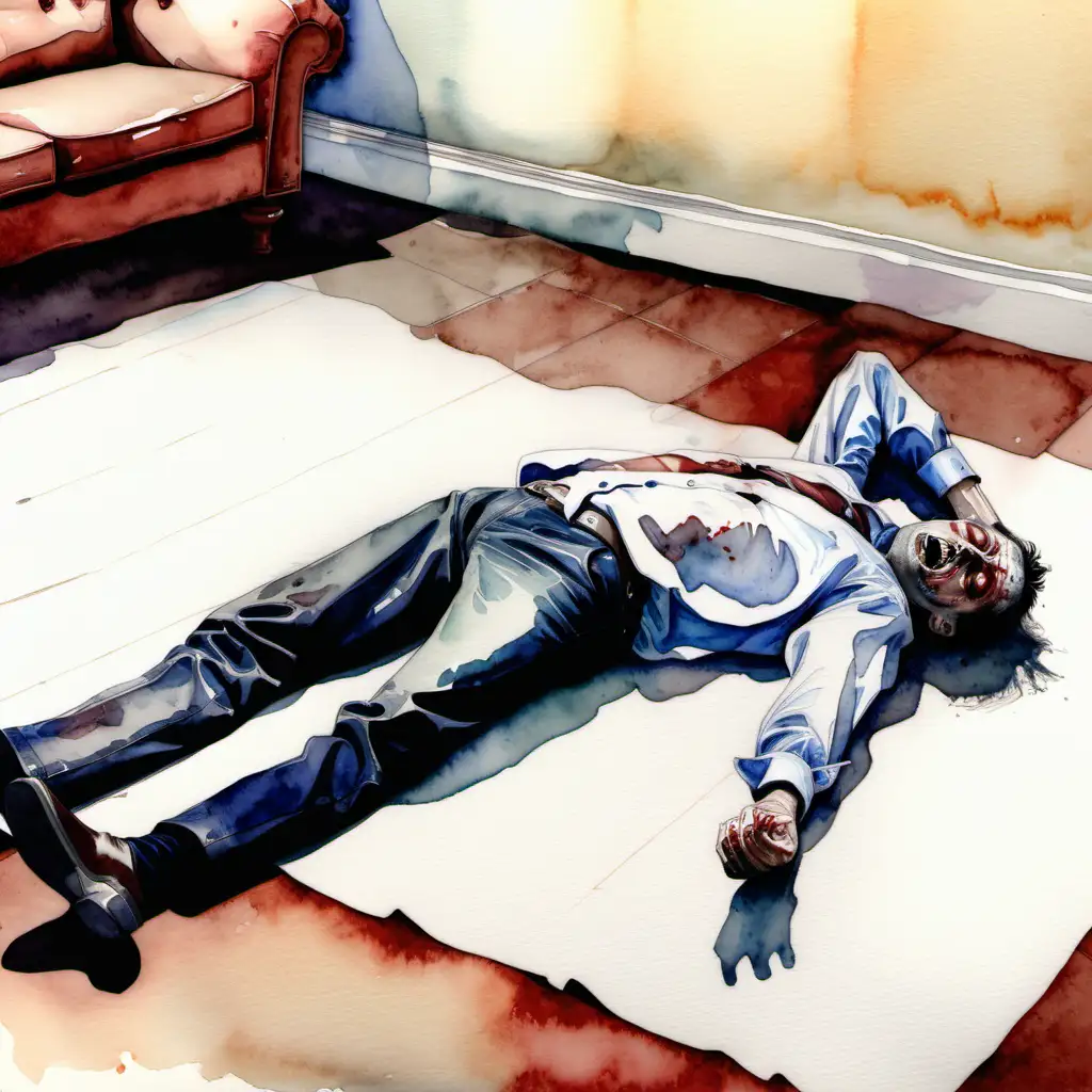 man, lying dead on the floor, face up and writhing in a living room. Watercolor