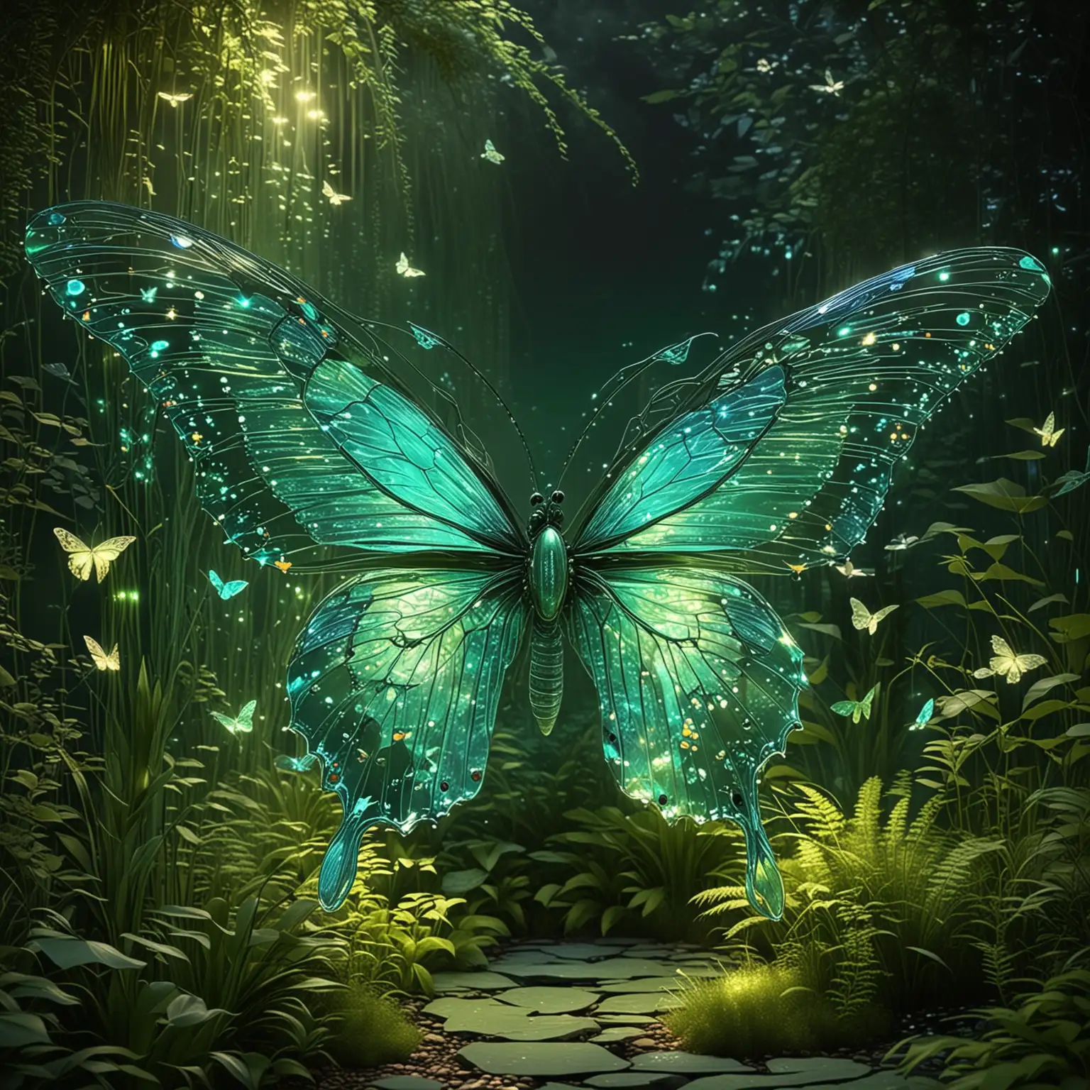 Futuristic Wildlife Oasis. style of a fluttering butterfly garden, blending wildlife sanctuaries with futuristic glowing enhancements, in butterfly wing iridescent and cyber mesh light green and green