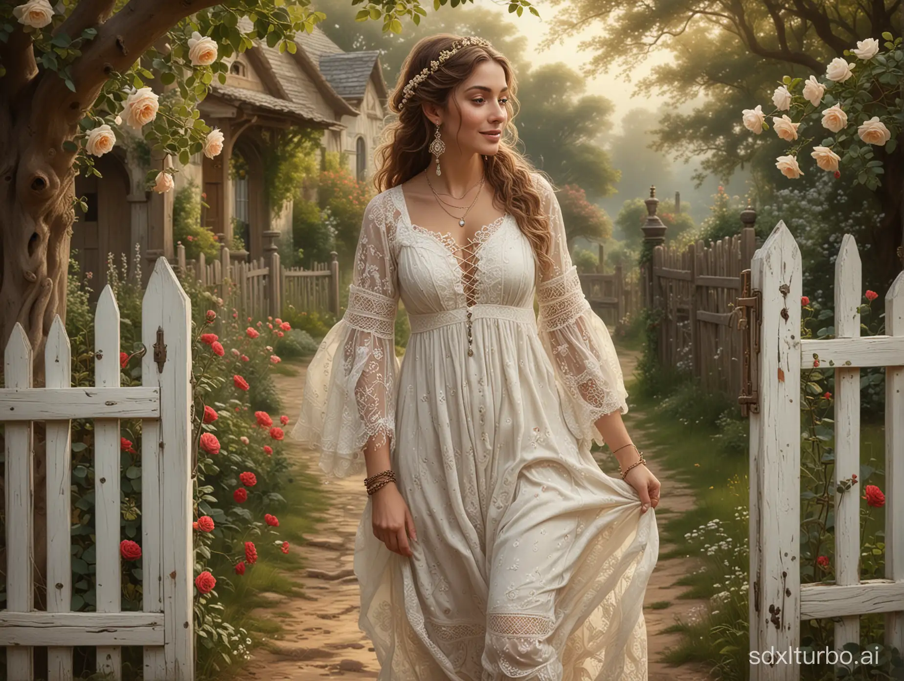Create a hyper-realistic oil painting of a cheerful woman in a romanticized bohemian setting, wearing an intricately patterned white vintage Renaissance dress with lace and pattern work, adorned with multiple bracelets and an earring, and roses in her hair. She is walking towards the viewers, integrated into the existing tranquil fantasy setting with the old cottage, ancient tree, weathered wooden gate, rustic fence, and pastoral mood.