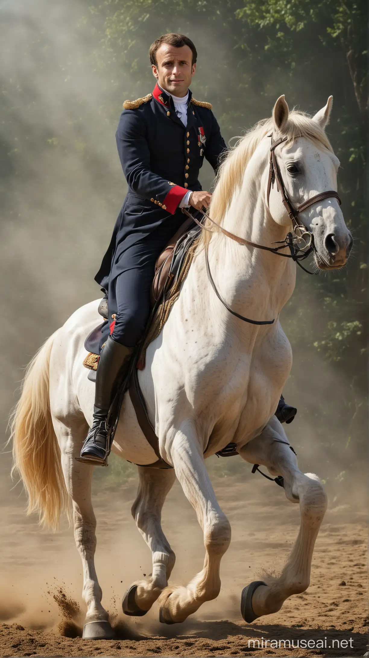 Emmanuel Macron on a horse, like Napoleon. Dramatic light. The horse is a bit dynamic like in a painting.
