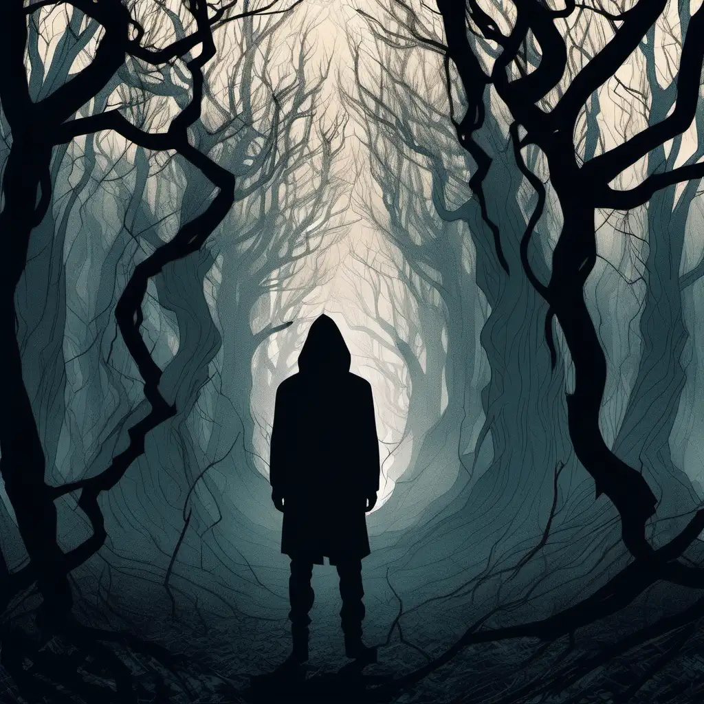 Mystical Nordic Forest with Hooded Figure