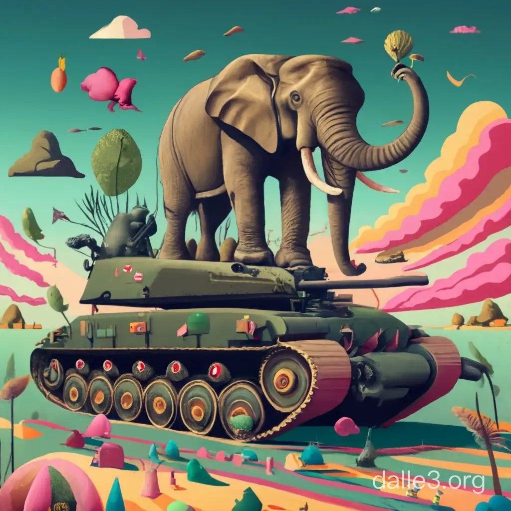 Subject: The central subject of the image is an elephant, a symbol of strength and grandeur, engaging in an unexpected and whimsical activity – riding a tank. This unusual combination adds an element of surprise and humor to the scene.  Setting or Background: The background features a dynamic and surreal environment, with the elephant confidently navigating a tank. The juxtaposition of the massive creature on military machinery creates a visually striking and attention-grabbing composition.  Style/Coloring: The image is characterized by a vibrant and bold color palette, enhancing the playful nature of the scene. The style incorporates a mix of realism in portraying the elephant and tank, while embracing a touch of cartoonish charm to amplify the fantastical atmosphere.  Action: The elephant is depicted in a confident and charismatic pose, owning the tank with ease. The scene captures a moment of unexpected adventure and showcases the elephant's personality as it fearlessly takes on an unconventional mode of transportation.  Items: The prominent items in the image include the tank and a T-shirt worn by the elephant. The T-shirt adds a human-like touch, creating a relatable and humorous element in the overall narrative.  Costume or Appearance: The elephant is not only adorned with its natural majestic features but also sports a T-shirt, giving it a uniquely anthropomorphic quality. This adds an element of personal expression and style to the character.  Accessories: The tank serves as a significant accessory, contributing to the overall theme of unexpected juxtaposition. It adds a sense of adventure and excitement to the image, making it visually captivating and memorable.