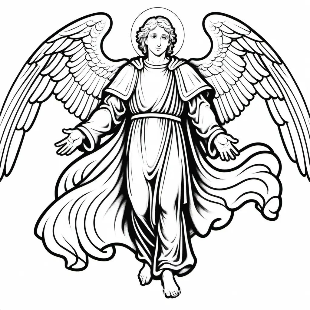 archangel Rafael, Coloring Page, black and white, line art, white background, Simplicity, Ample White Space. The background of the coloring page is plain white to make it easy for young children to color within the lines. The outlines of all the subjects are easy to distinguish, making it simple for kids to color without too much difficulty