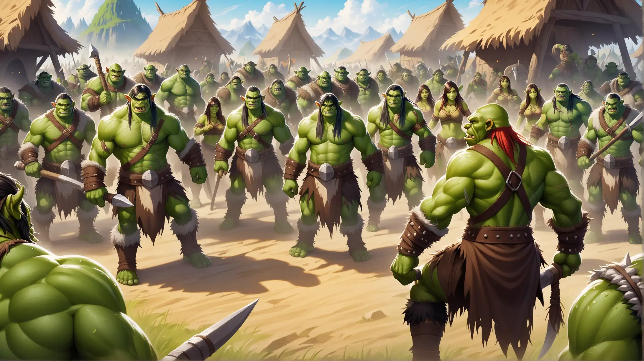 tribe of green orcs with green skin, barbarians and shamans, women and men, orc village, Medieval fantasy